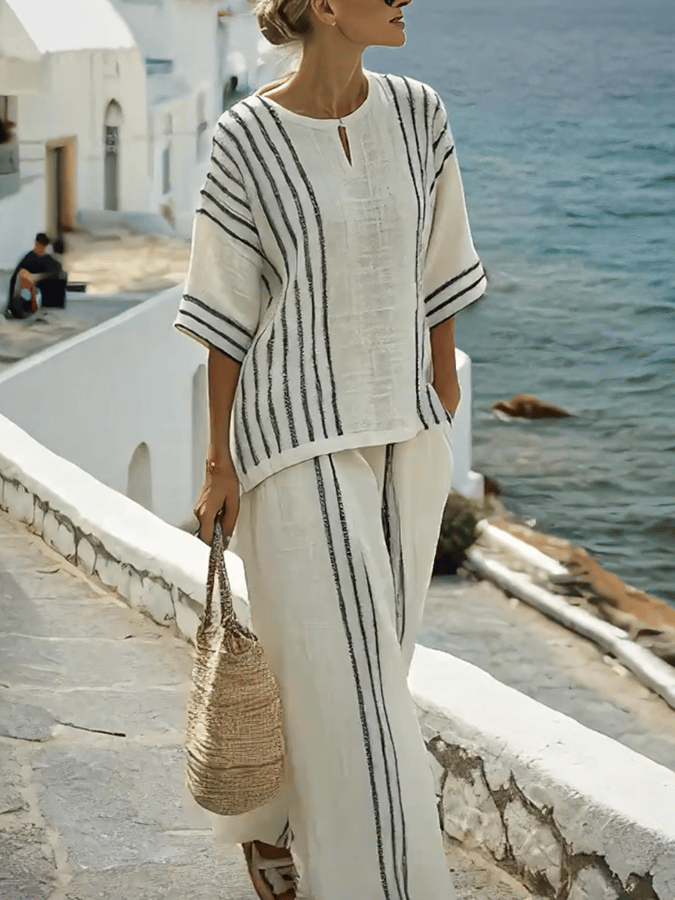 Ensemble de Pantalons Amples à Fente et Rayures Contrastées pour Femmes