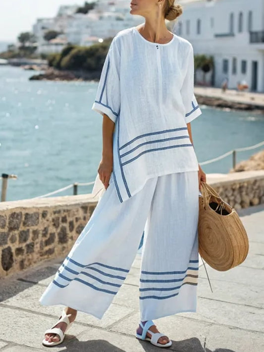 Pantalons Rayés Irréguliers à Fente Lâche pour Femmes