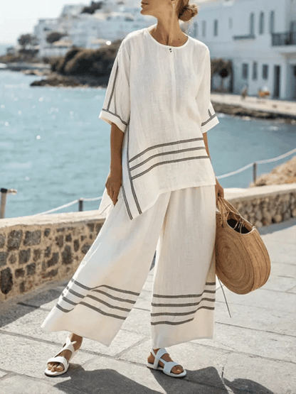 Pantalons Rayés Irréguliers à Fente Lâche pour Femmes