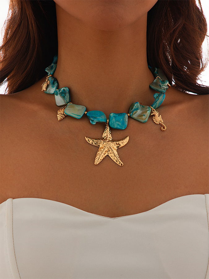Collier de perles en coquillage irrégulier bohème, collier rétro étoile de mer de vacances