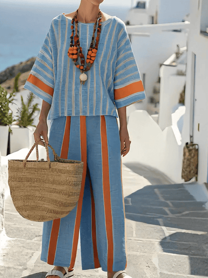 Ensemble de Pantalons Amples à Fente avec Rayures Contrastées pour Femmes