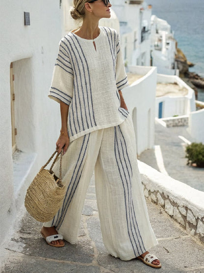 Ensemble de Pantalons Amples à Fente et Rayures Contrastées pour Femmes